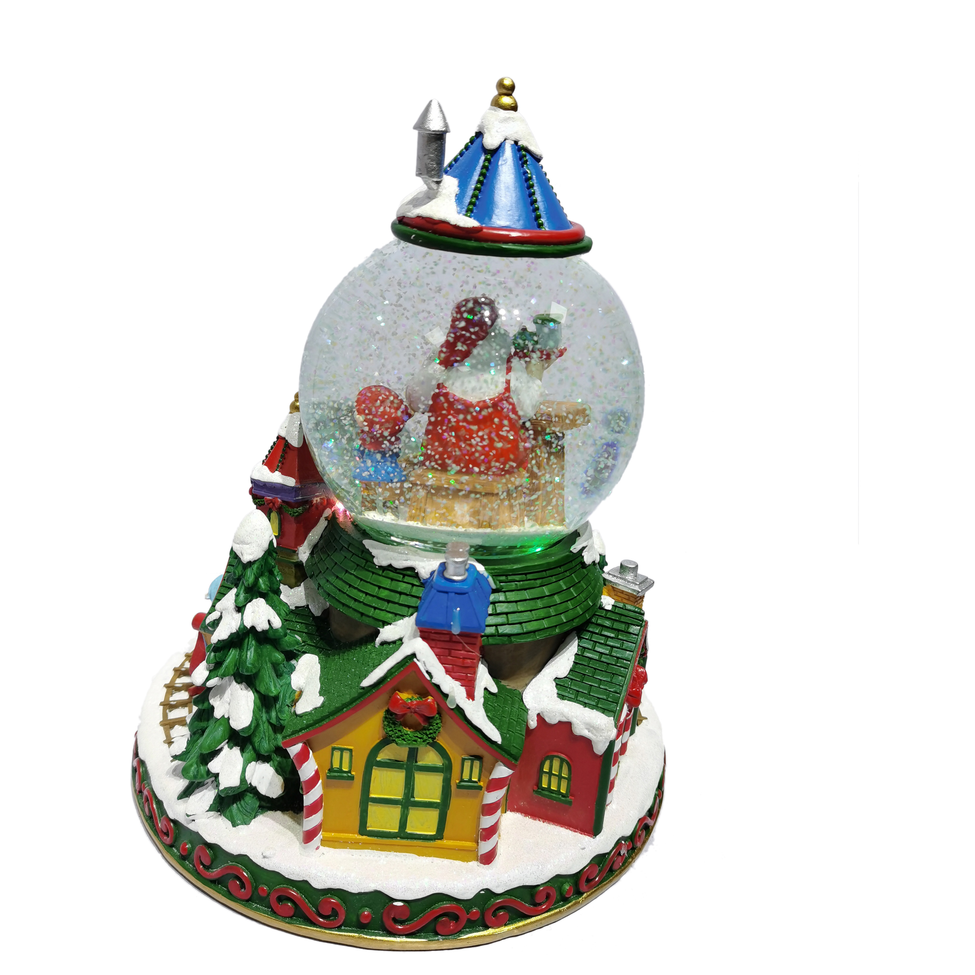 Benutzerdefinierte drehbare, bunt beleuchtete Dorf-Weihnachtsschneekugel aus Harz mit Musik für die Festdekoration